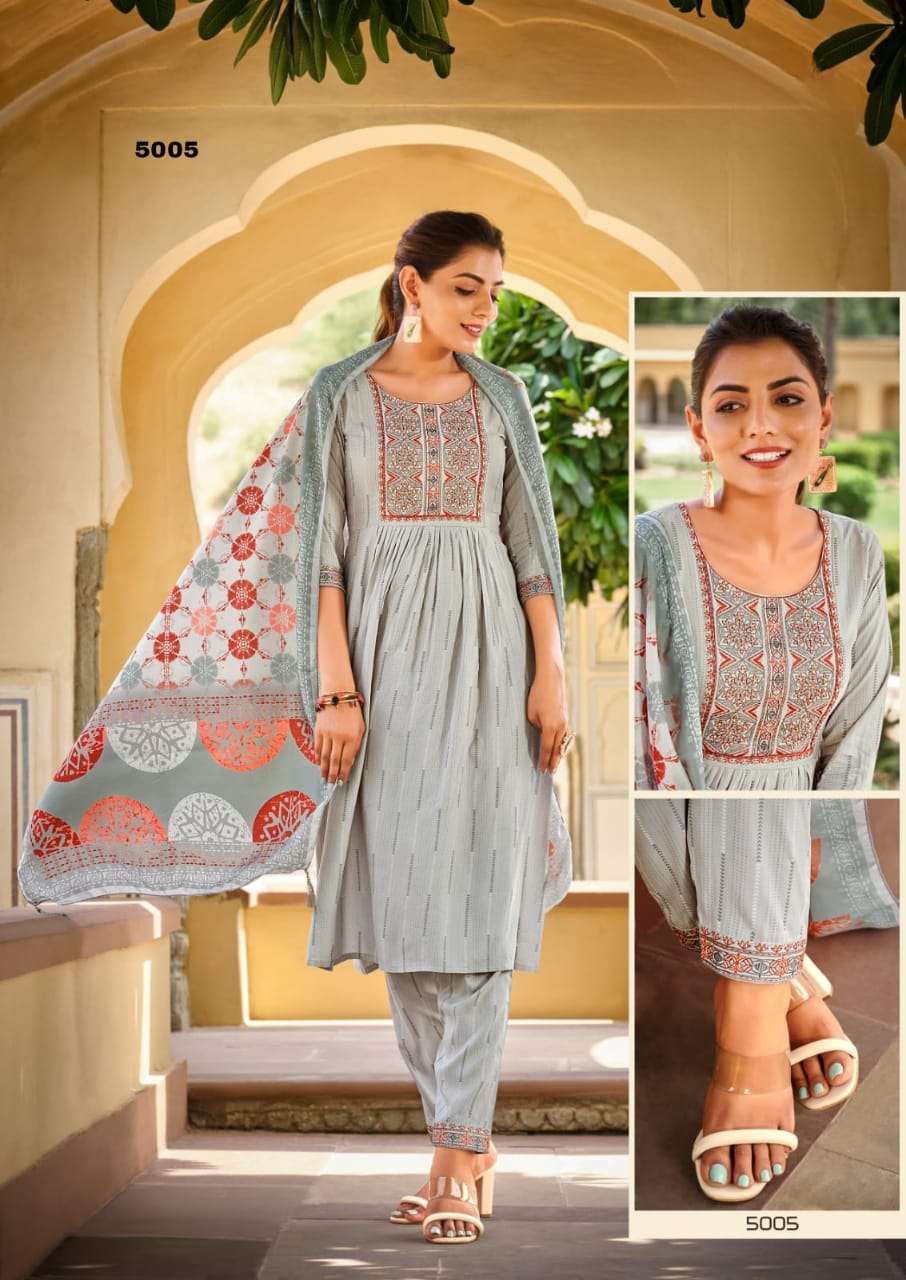GULMAHOR VOL 2 PREMIUM LIVA TAG RAYON THREAD AND HANDWORK KURTI WITH PANT AND MUSLIN DIGITAL PRINT DUPATTA BY S3FOREVER BRAND 5005